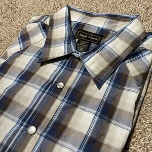 High Noon Mens XL Long Sleeve Plaid Pearl Snap Western Shirt Blue Brown Tan